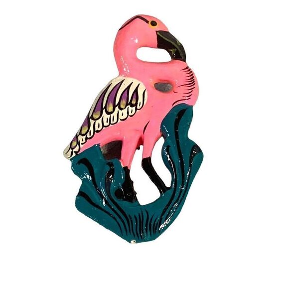 Vintage 2-1/2" Pink Flamingo in Grass Hand Painted Brooch - Picture 1 of 6